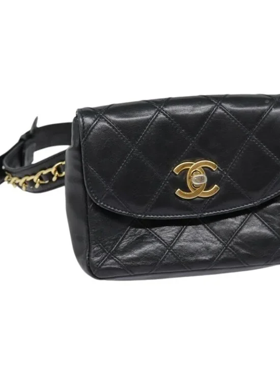 CHANEL Bicolore Turn Lock Chain Waist bag Leather Black Gold CC Auth yk14627