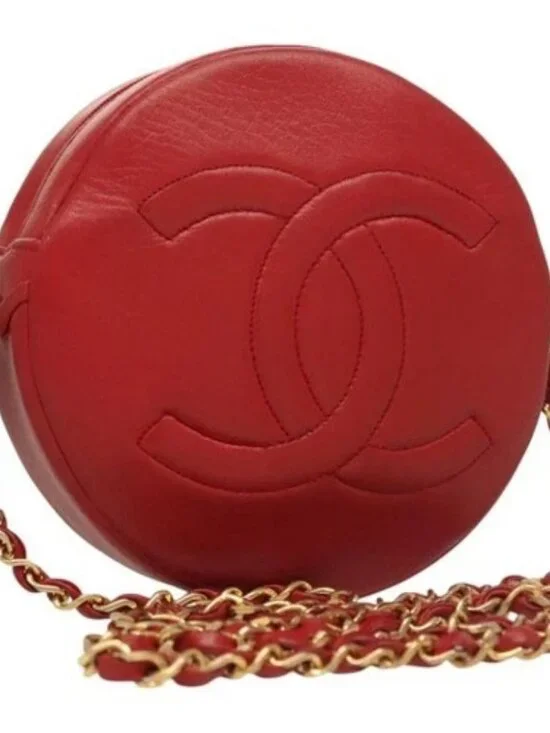 CHANEL Chain Shoulder Bag Lamb Skin Red Gold CC Auth 127505