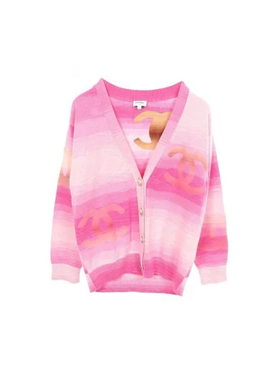 Chanel Cardigan CC Logo Neck Pink Cotton Cashmere Big Button