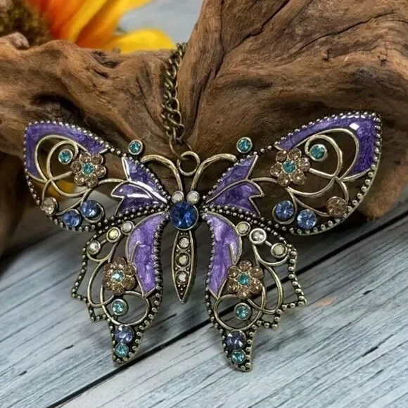 Hollow Butterfly Pendant Oil Drop Inlay Pink/Turquoise Rhinestone Aged Bronze