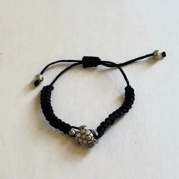 Turtle Black Adjustable Bracelet Silver Tone Charm Children's Size Handmade