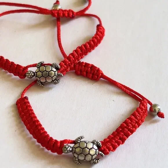 Turtle Red Adjustable Bracelet Silver Tone Charm Children's Size Handmade
