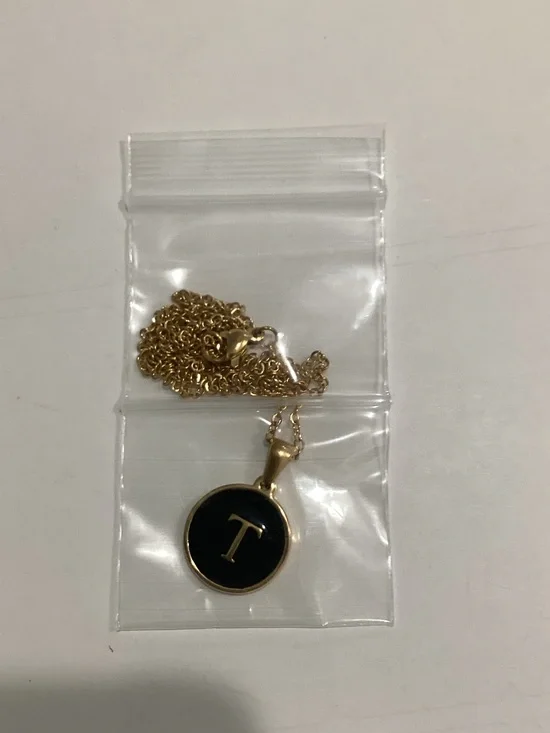 Gold Initial 'T' Pendant Necklace with Black Enamel