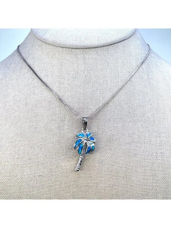 Blue Opal Palm Tree Pendant Necklace Sterling Silver 925 Size 15.5