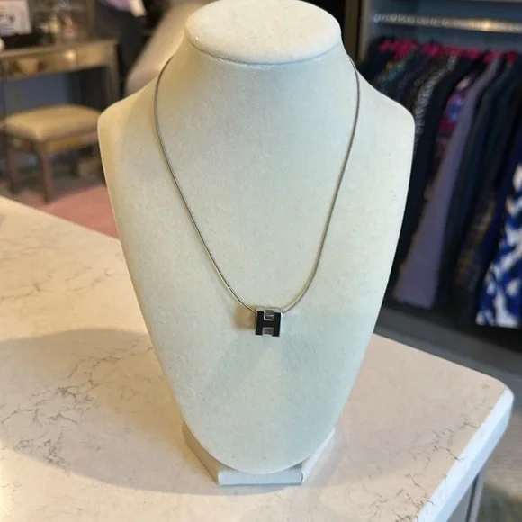 Authentic Hermes black logo silver tone 16” long necklace