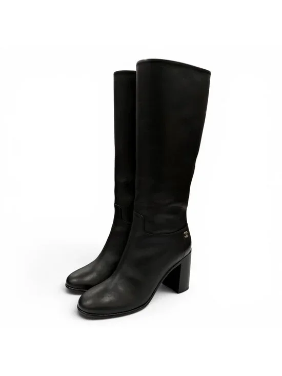 Chanel CC Logo Leather Long Boots Black Gold