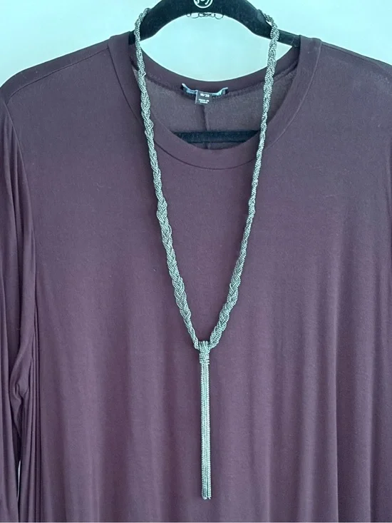 Long Gunmetal Beaded Tassel Necklace Braided Tiny Bead Statement 32”