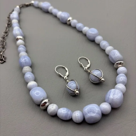 Vintage Carolyn Pollack Relios Necklace Earrings Sterling Blue Lace Agate 17