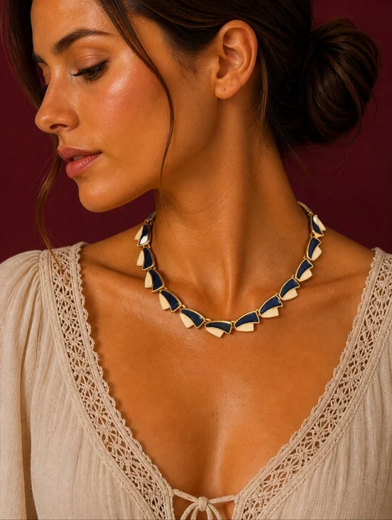 Vintage 1990s Navy Blue, Cream and Gold Enamel Geometric Necklace