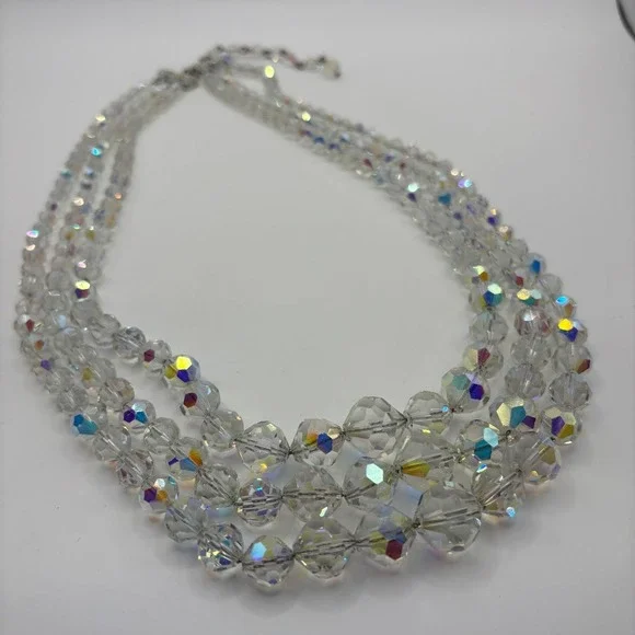 Vintage Aurora Borealis AB Crystal Glass Bead Multi 3 Strand Necklace