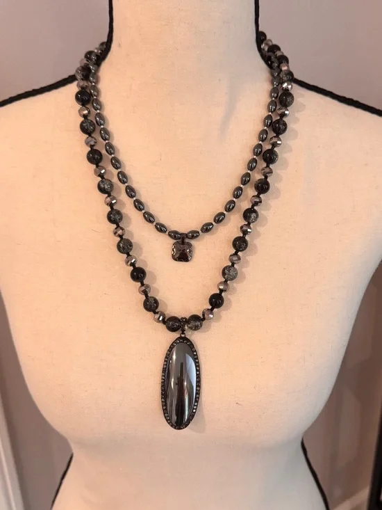 Double-Strand Black Hematite Pendant Necklace