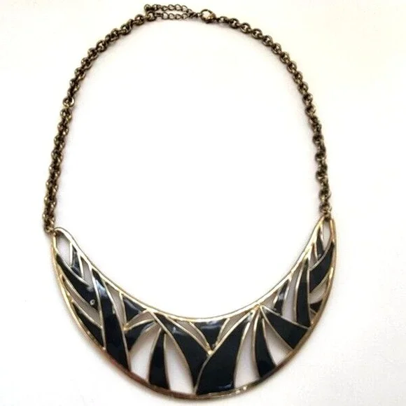 Black Enamel on Goldtone Crescent Bib Statement Necklace 18‎ Inch Chain