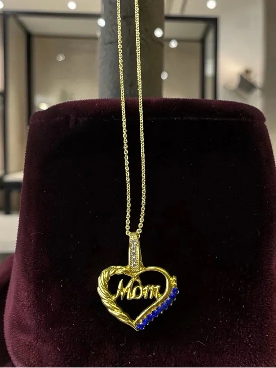 Sapphire Simulated Gold Tone Mom Necklace 16-18 inch adjustable necklace