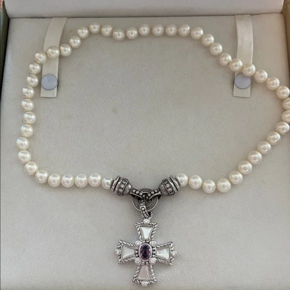 Judith Ripka faux pearl necklace with fitting for pendants and MOP Maltese cross