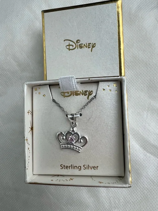Disney Sterling Silver Crown Necklace with Pink Stone