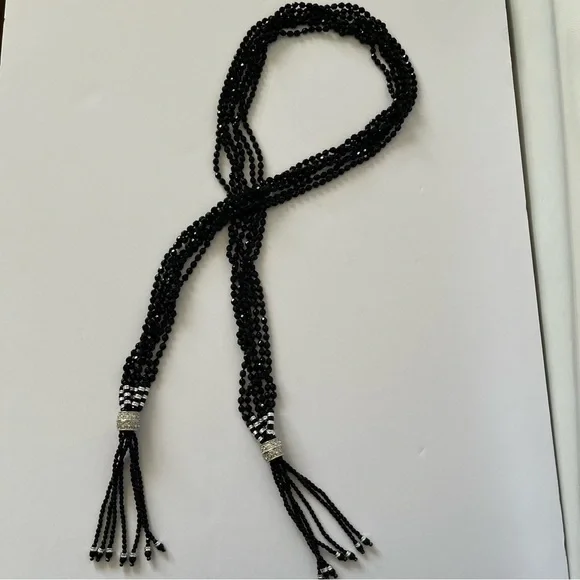 Amazing Vintage Black Beaded Multi Strap Long Tassel Necklace Art Deco Flapper