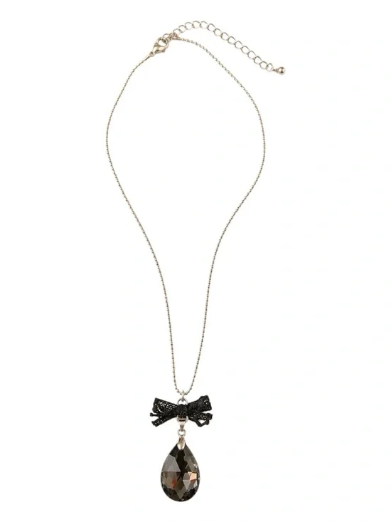 Vintage 90s Smoky Black Faceted Teardrop Pendant Necklace Lace Bow