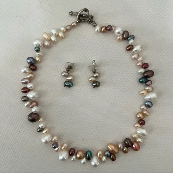 Beautiful Colorful Pearls Necklace & Earrings Set 925 Clasp