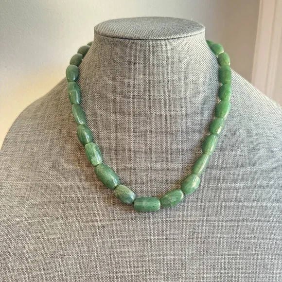 Vintage Green Aventurine Barrel Bead‎ Necklace 18
