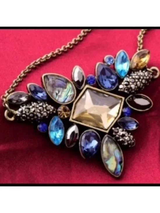 Jeweled statement necklace, blue gold abalone new prom formal dance glam