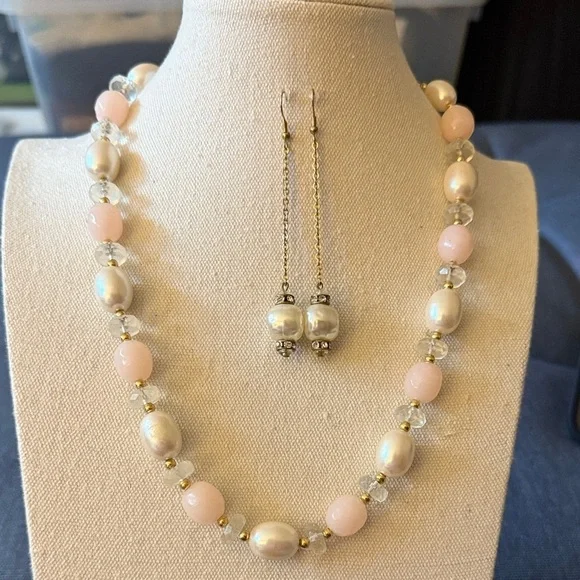 Vintage Trifari Signed Pink Lucite Necklace & Vintage Dangling Earrings.