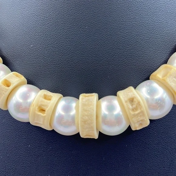 Sterling Silver Pearl and Bone Vintage unique choker necklace Toggle  Oversized