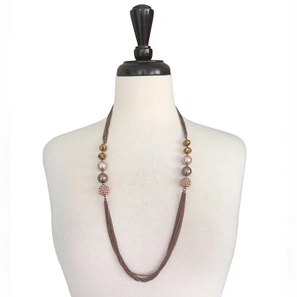 Vintage Signed RMN Bronze Disco Ball Faux Pearl Multi-Strand Beaded Necklace