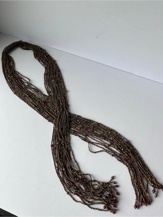 Brown Beaded Long Statement Necklace Tassels Lariat