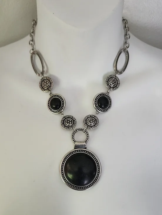 Silver-Tone Black Circular Pendant Necklace