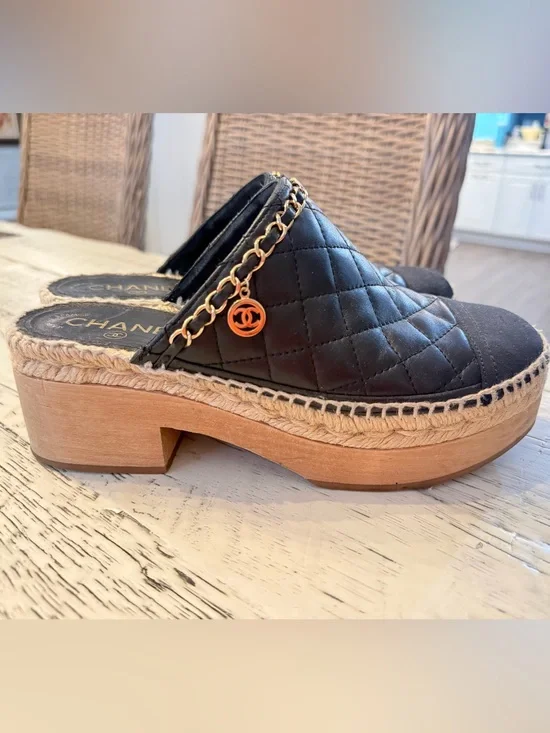 CHANEL Black Quilted Leather Clog