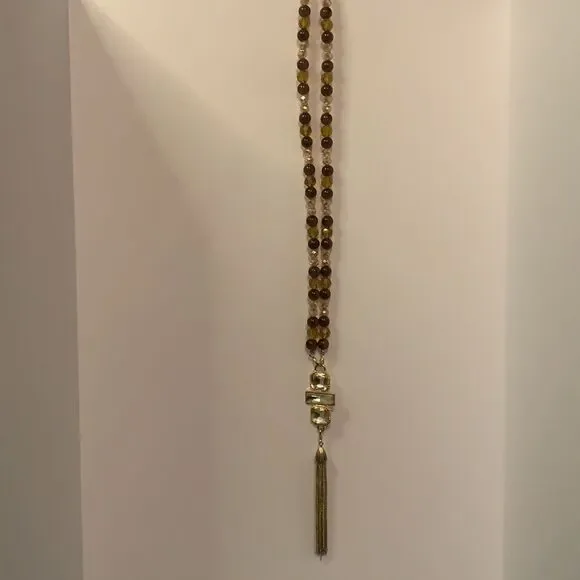 Long‎ Brown Gold Beaded Necklace with Tassels 24 Inches Long