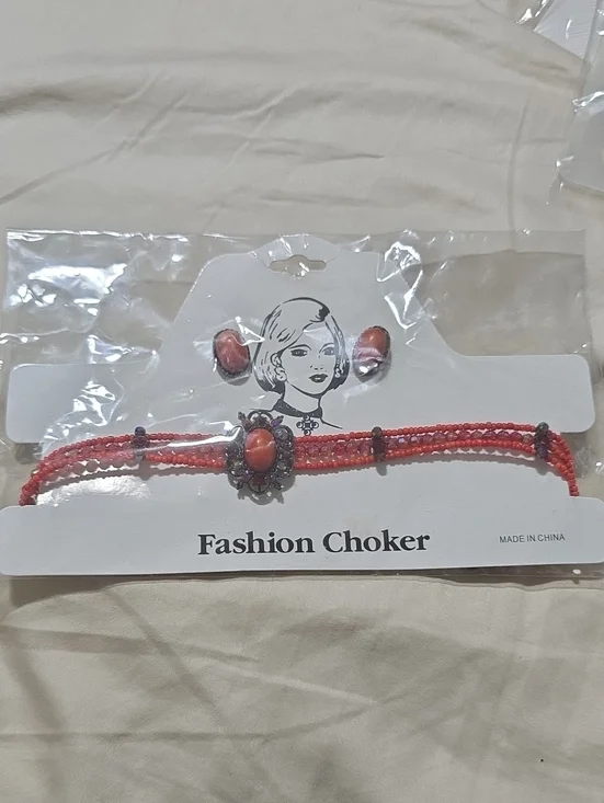 Coral Beaded Fashion Choker Set with Matching Earrings