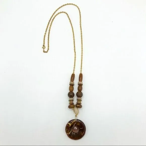 Long Necklace Gold Tone Brown Round Metal Swirl Pendant Beaded Bohemian