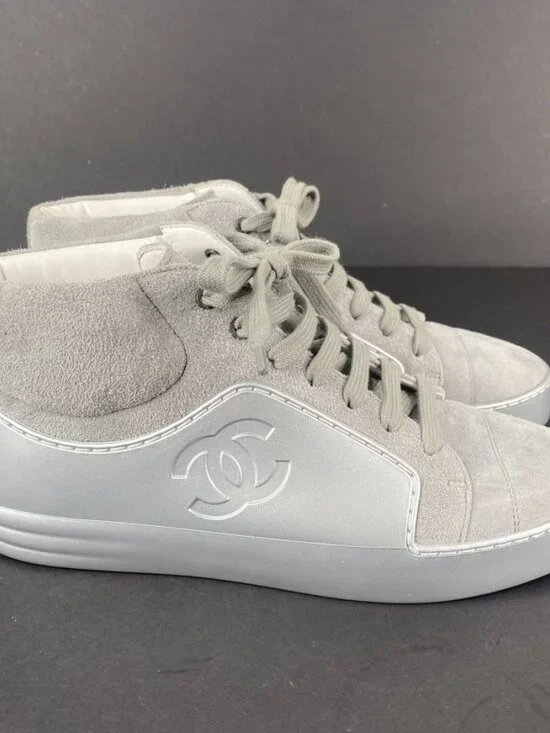 Chanel Grey Silver Suede Rubber CC High Top Sneakers Size 37.5