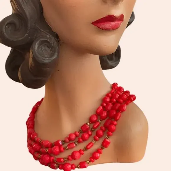 Vintage Red Four Strand Necklace Western Germany Faceted Acrylic AB Finish