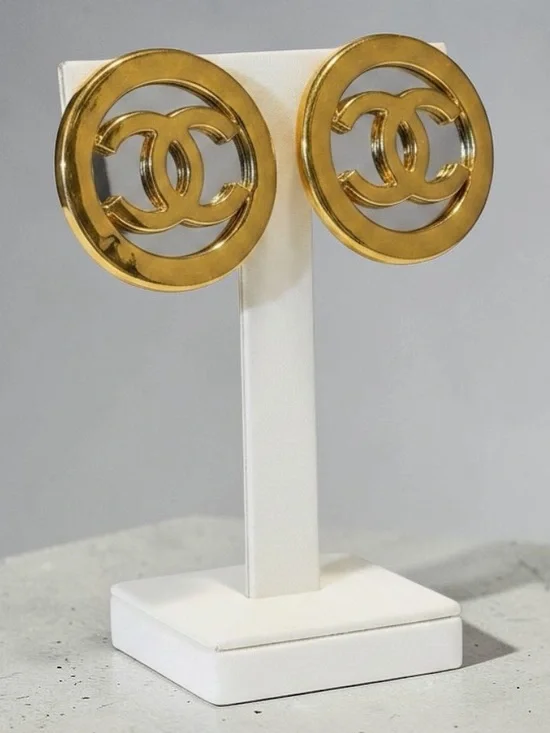 Chanel RARE 1991 Gold Metal and Silver Mirror Oversize CC Earrings