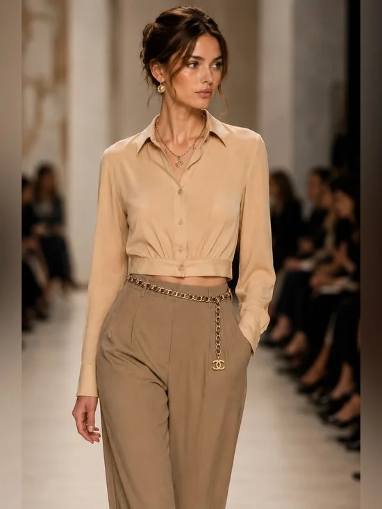 Classic CHANEL 2001A Nude Beige  Silk Sheer Cropped Shirt CC Logo Buttons FR 40