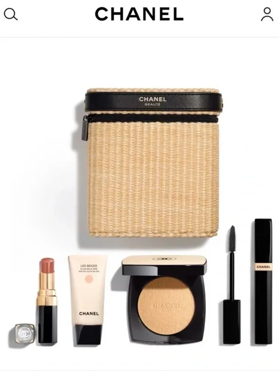CHANEL Beige Straw Cosmetic Case with Black Trim & Makeup Set