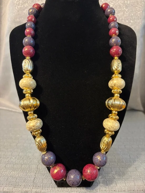 Vintage Red & Purple Beaded Statement Necklace with Gold Accents