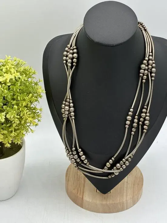 Vintage Multi Strand Liquid Silver Necklace Southwestern Style Bead 18 Inch