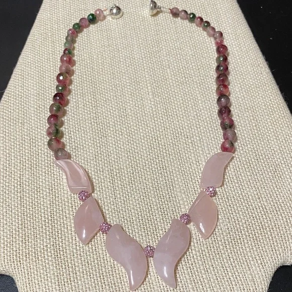 Elegant Artisan Natural Rose Quartz & Pomegranate Jade gemstone 17” Necklace