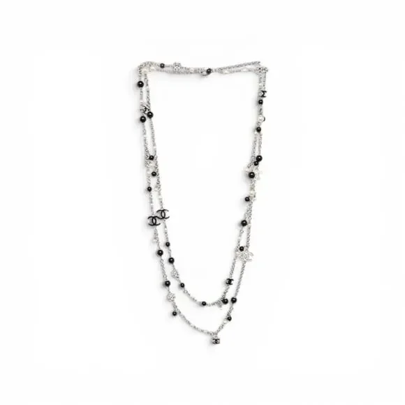 Chanel Silver-tone Beaded Faux Pearl Interlocking CC Long Necklace