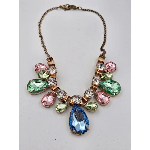 Multicolor‎ Statement Bib Necklace Gold Tone Teardrop Round Faceted Rhinestone