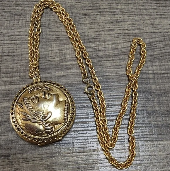 Vintage Roman Solider Coin Style Pendant Necklace, Gold Tone Locket
