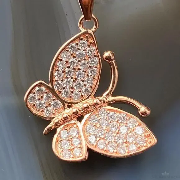 Sterling Silver Rose Coated with Cubic Zirconia Butterfly Pendant with Chain