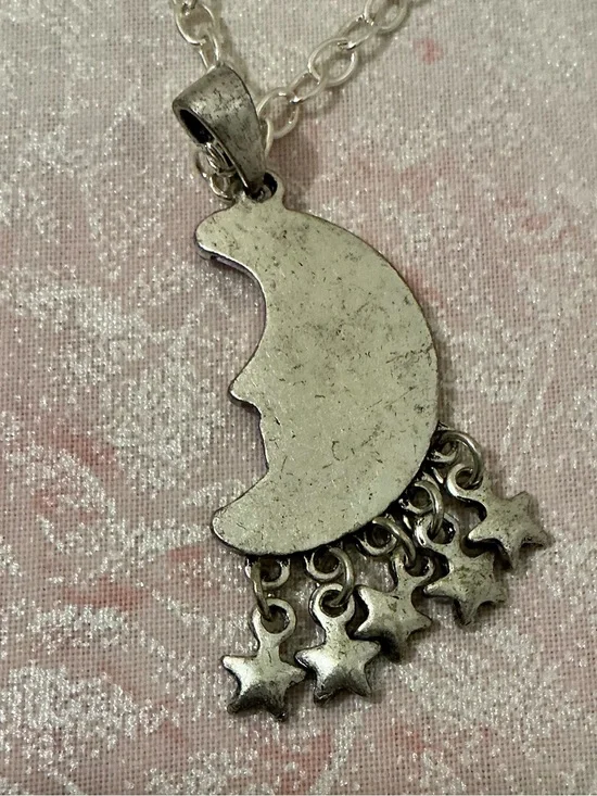 Silver Crescent Moon and Star Pendant Necklace - Silver