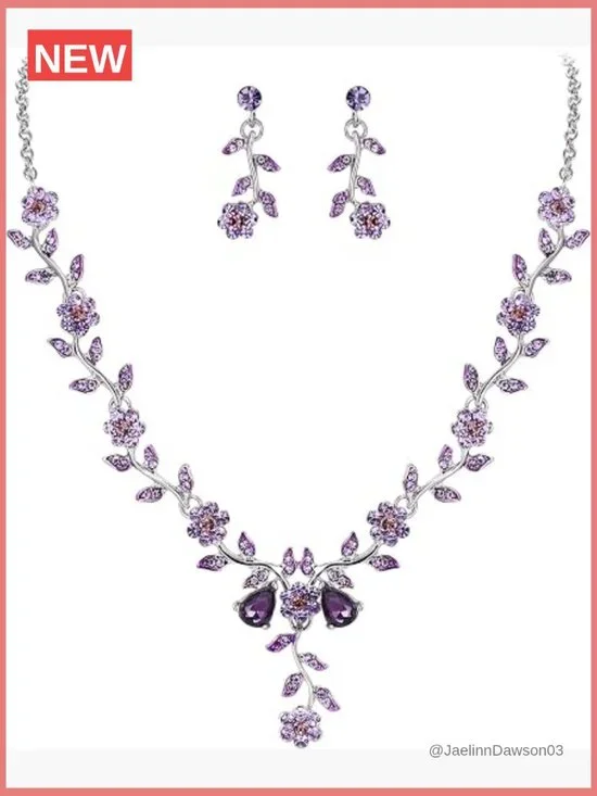 Crystal Flower Leaf Dangle Earrings Necklace Set for Wedding