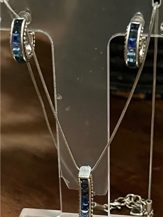 Sterling Silver Blue Crystal Necklace and Hoop Earring Set