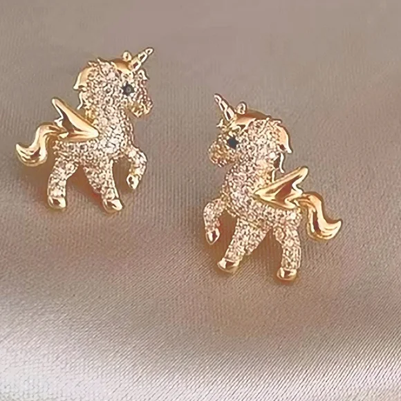 Unicorn Rhinestone Stud Earrings Gold NEW