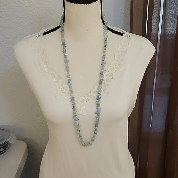 Handmade Long Icy Blue Aquamarine Chip Rope Necklace